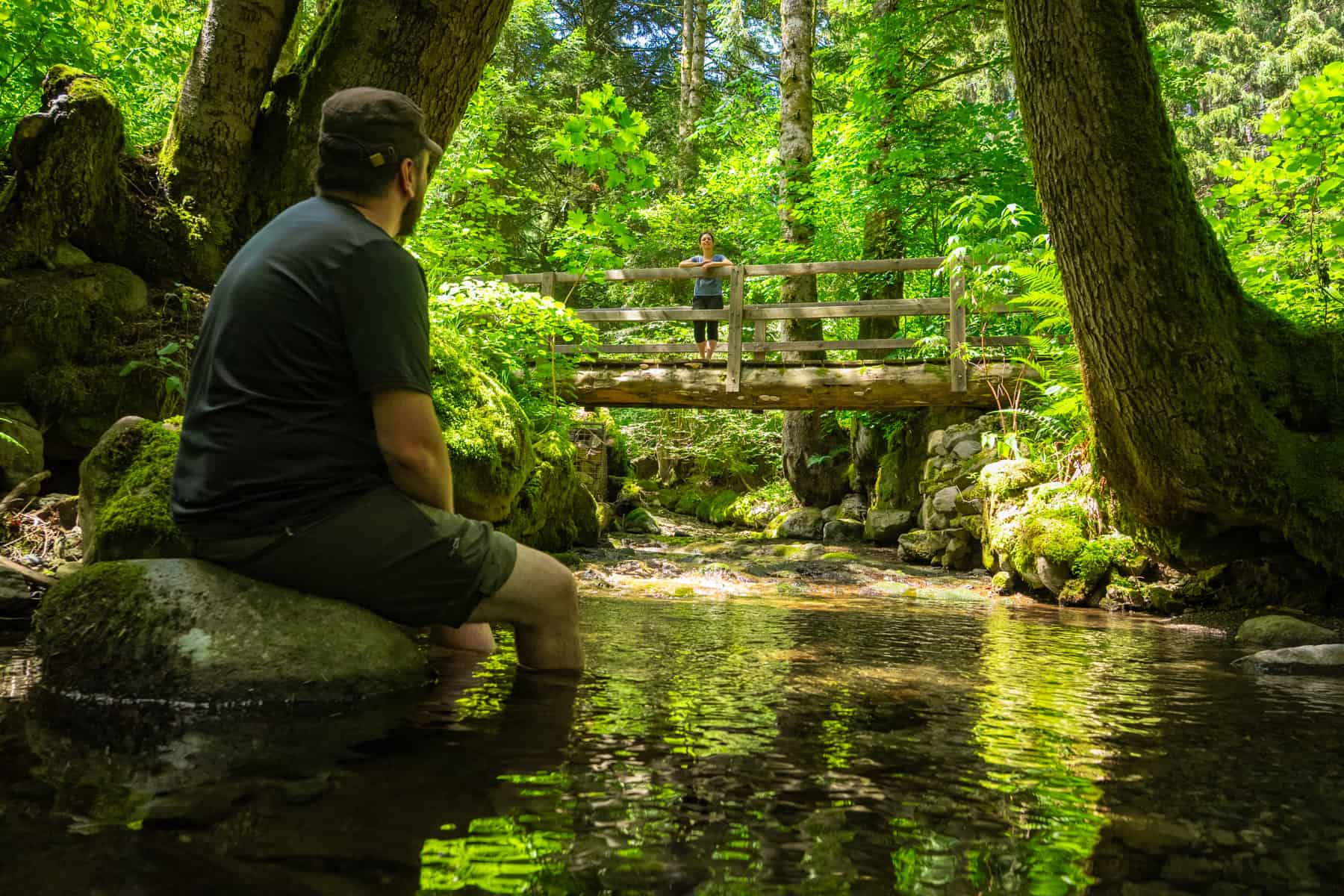 Homme assis au bord d'une rivière dans une forêt verdoyante.