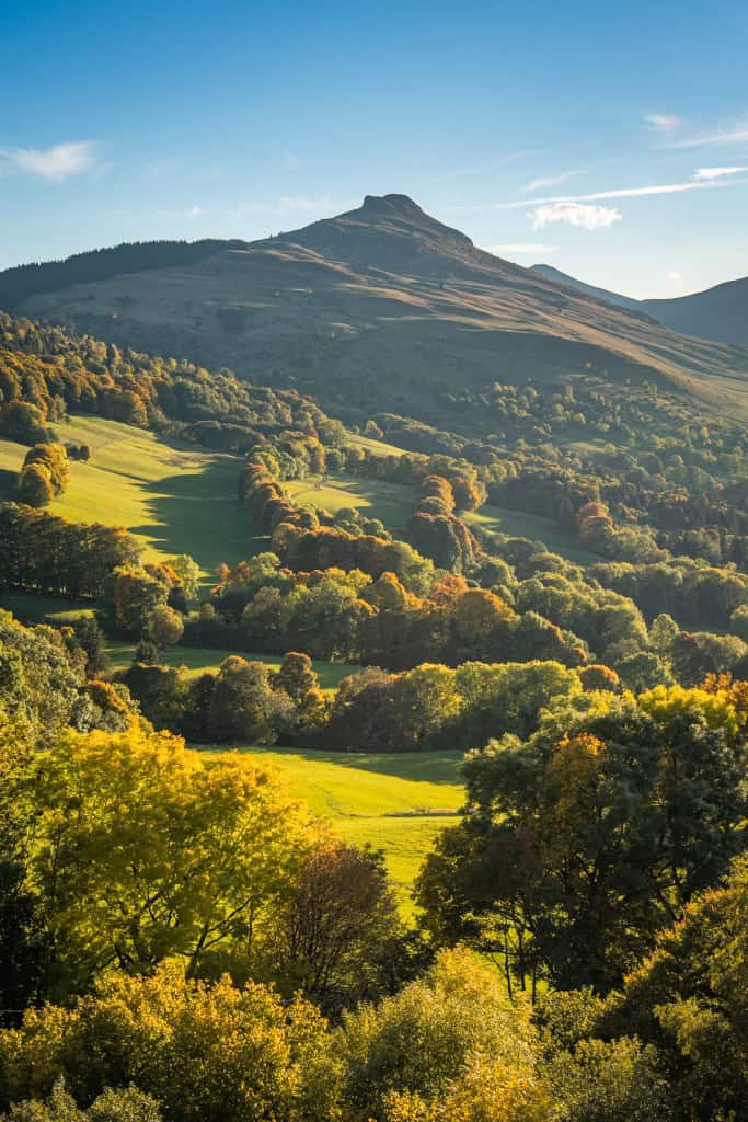 Paysage de montagne avec forêt et prairies en automne.