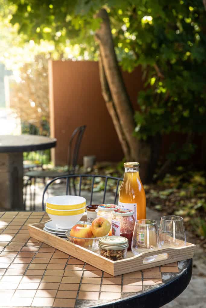 Petit déjeuner en plein air avec fruits et jus sous un arbre.